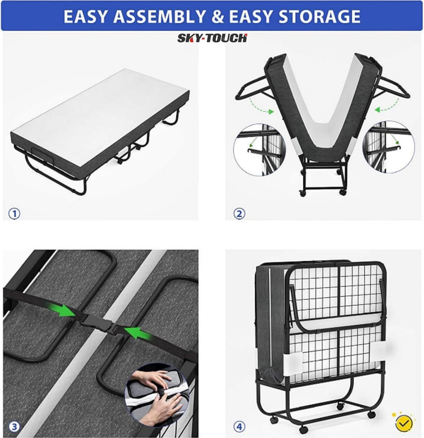 SKY-TOUCH Folding Bed 190 x 80cm with Memory Foam Mattress, Portable Foldable Beds Strong Sturdy Frame, Rollaway Beds for Home and Office