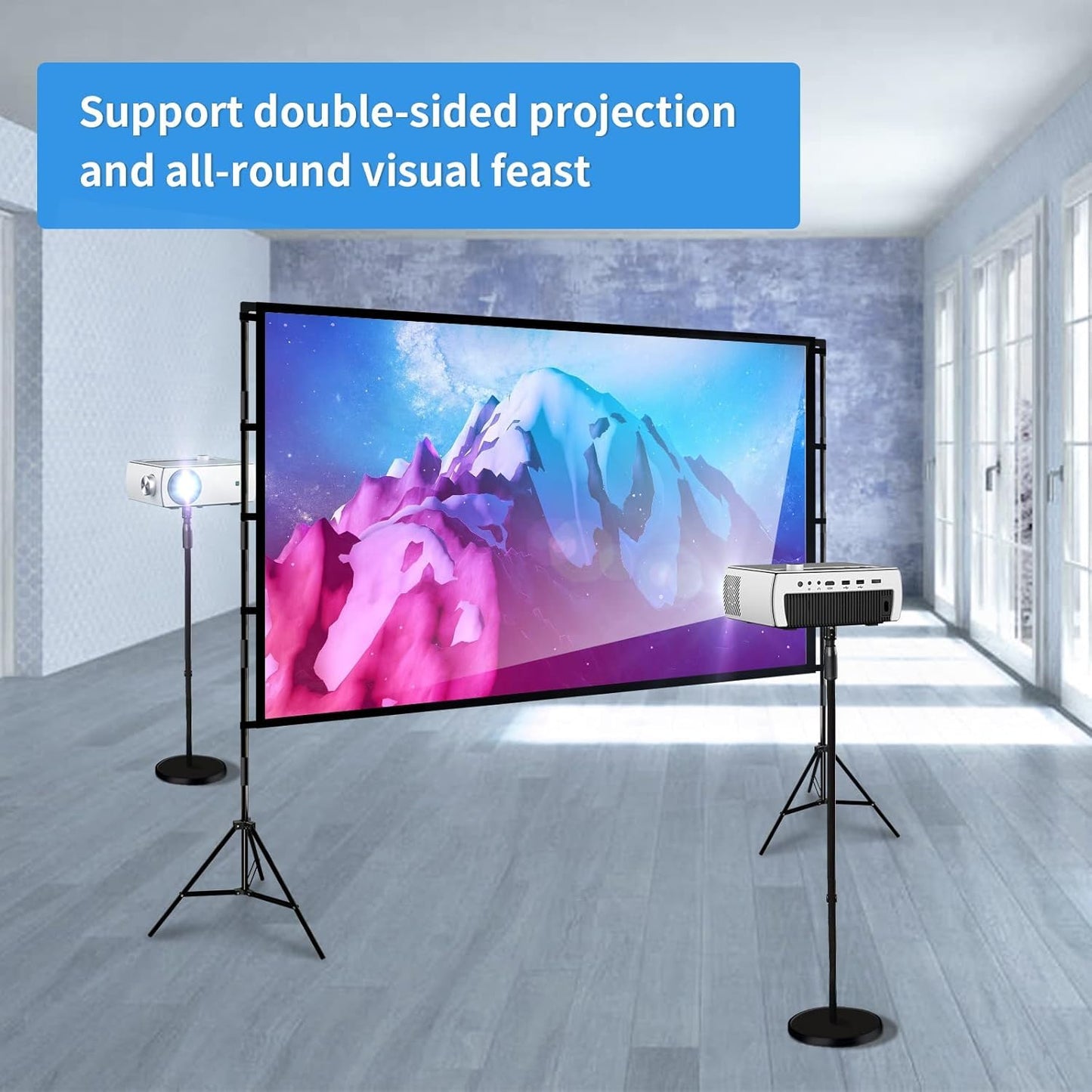 SKY-TOUCH Projector Screen with Stand, 100 inch 16:9 Portable Projection Screen with 2M High Tripod Stand and Carry Bag, Wrinkle-Free Video Projection Screens, for Home Cinema, Meeting Backyard