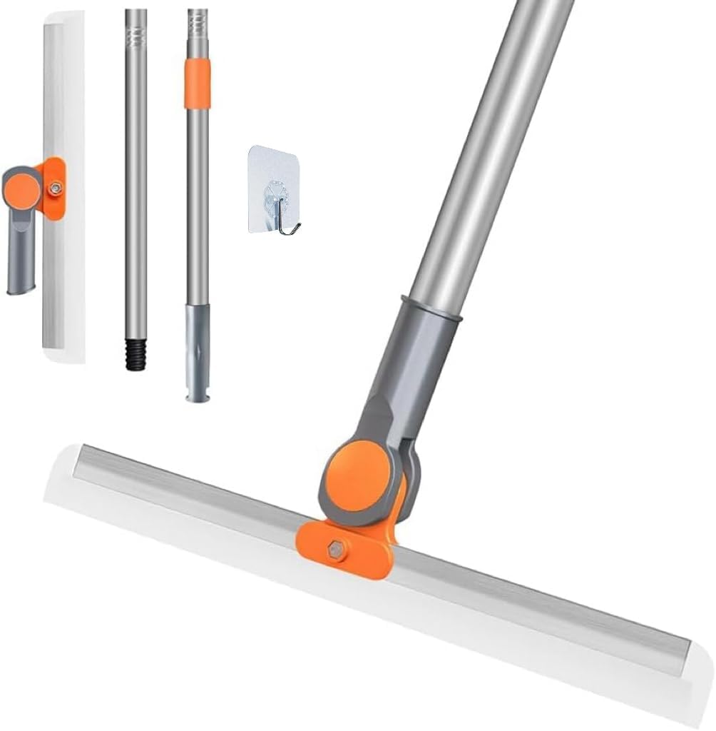 SKY-TOUCH Multi-Purpose Silicone Floor Squeegee,38cm Dual-Head with 110cm Extendable Stainless Steel Handle, Orange, for Bathroom, Kitchen, Windows, and Smooth Floors Include 1 Wall Hook