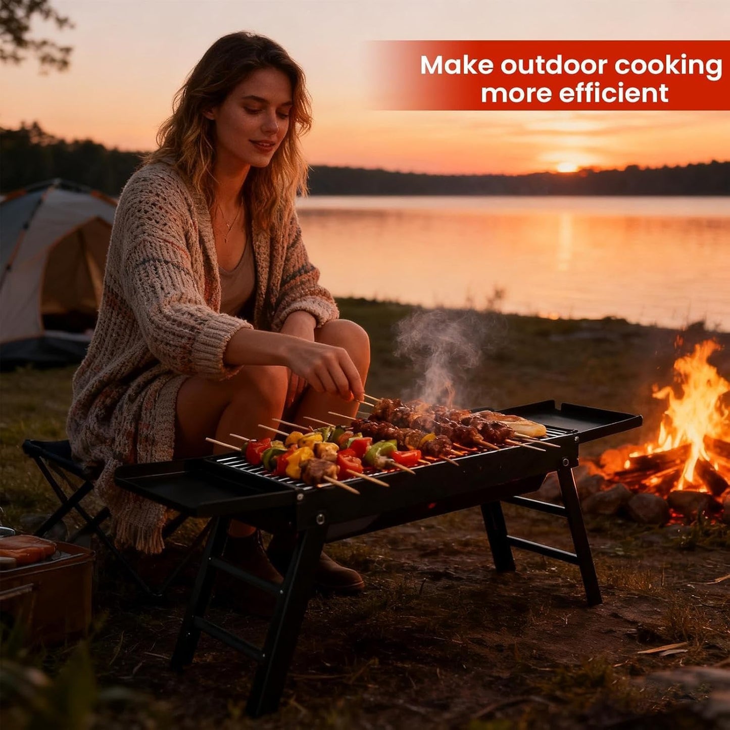 SKY-TOUCH Portable Charcoal Grill, Folding BBQ Grill with 2 Side Tray, Foldable Tabletop Grill for Outdoor Cooking Picnics Camping Hiking Tailgating Backpacking Party Backyard, 89x22x32cm, Black