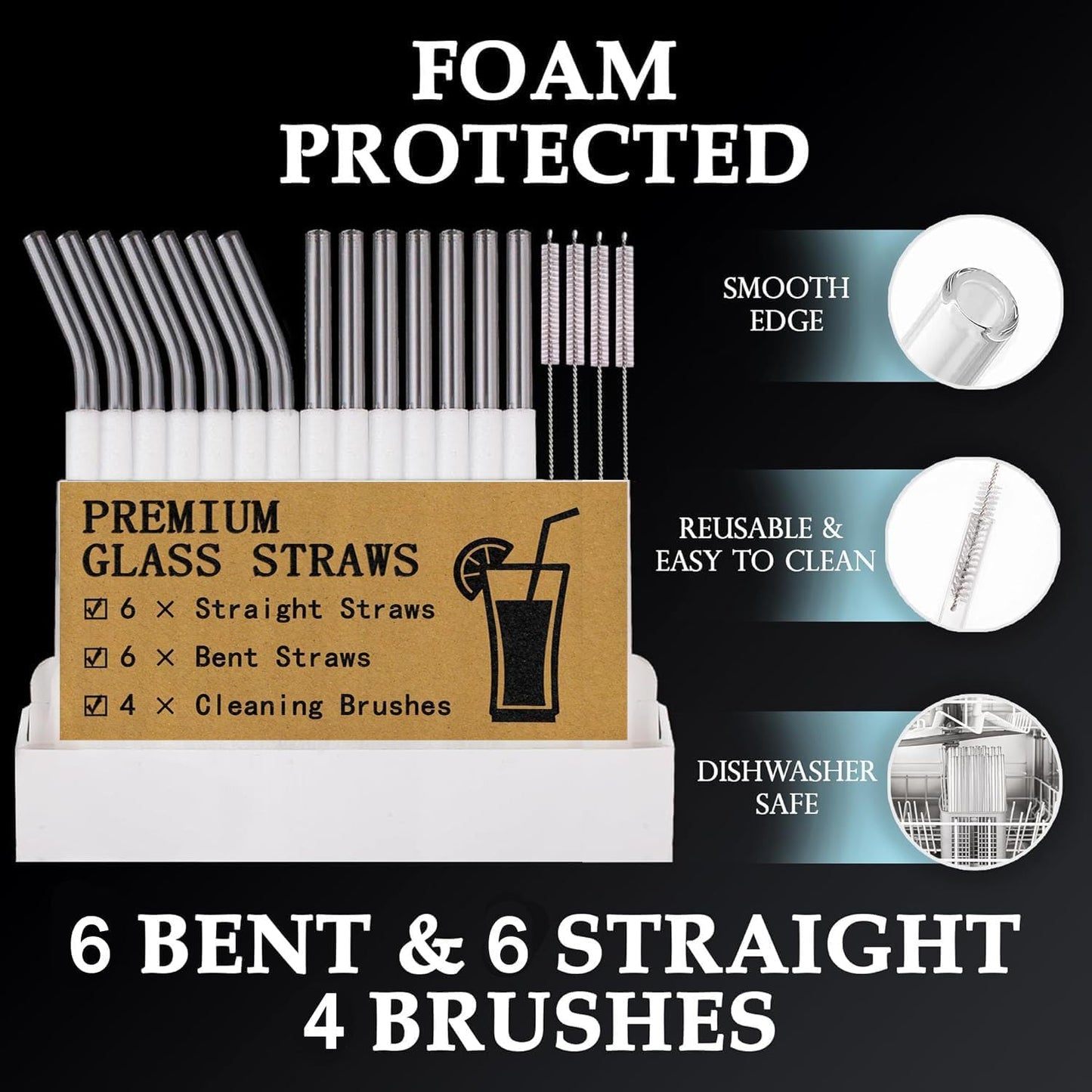 SKY-TOUCH 8PCS Reusable Glass Straws, Transparent Glass Straws with 2 Cleaning Brushes, Explosion-Proof, Environmentally Friendly, BPA-Free, for Drinks - 21.5cm