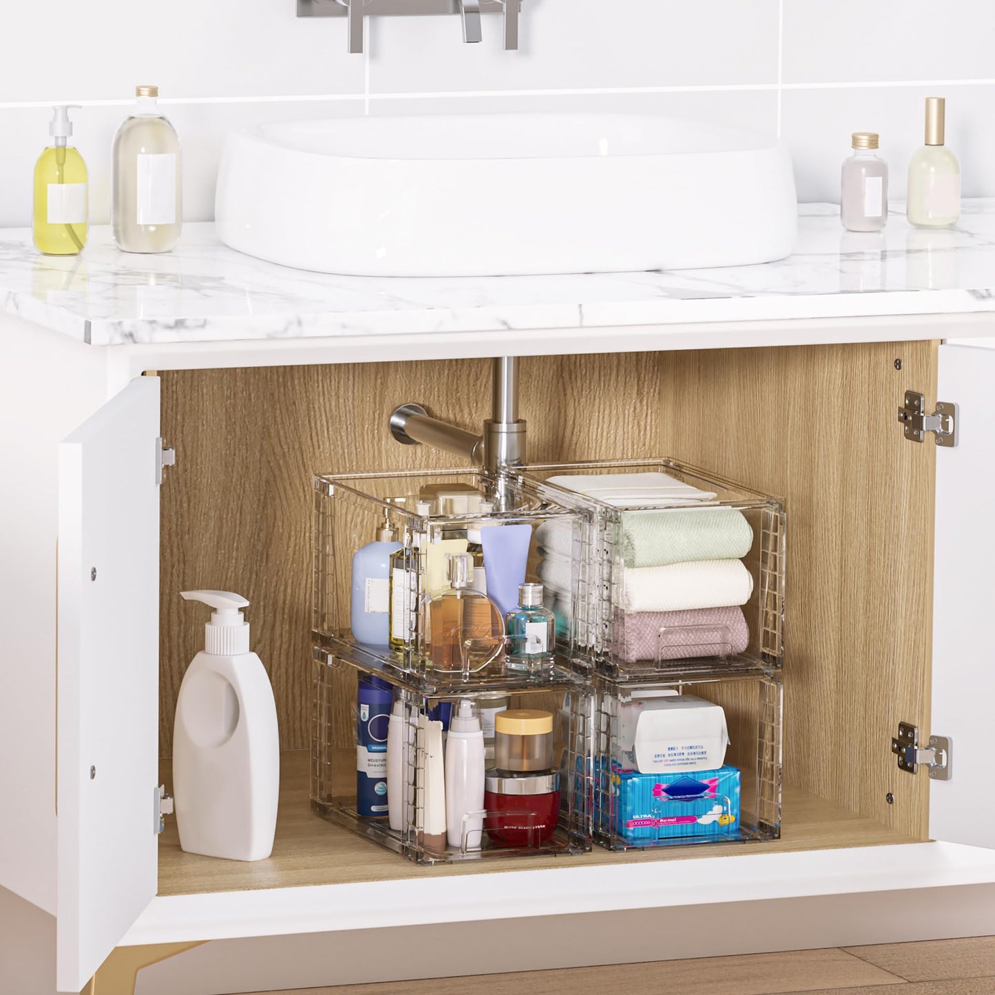SKY-TOUCH Plastic Stackable Storage Drawers, Clear Acrylic Storage Drawers Container Boxes for Vanity, Undersink, Kitchen Cabinets, Pantry Organization and Storage