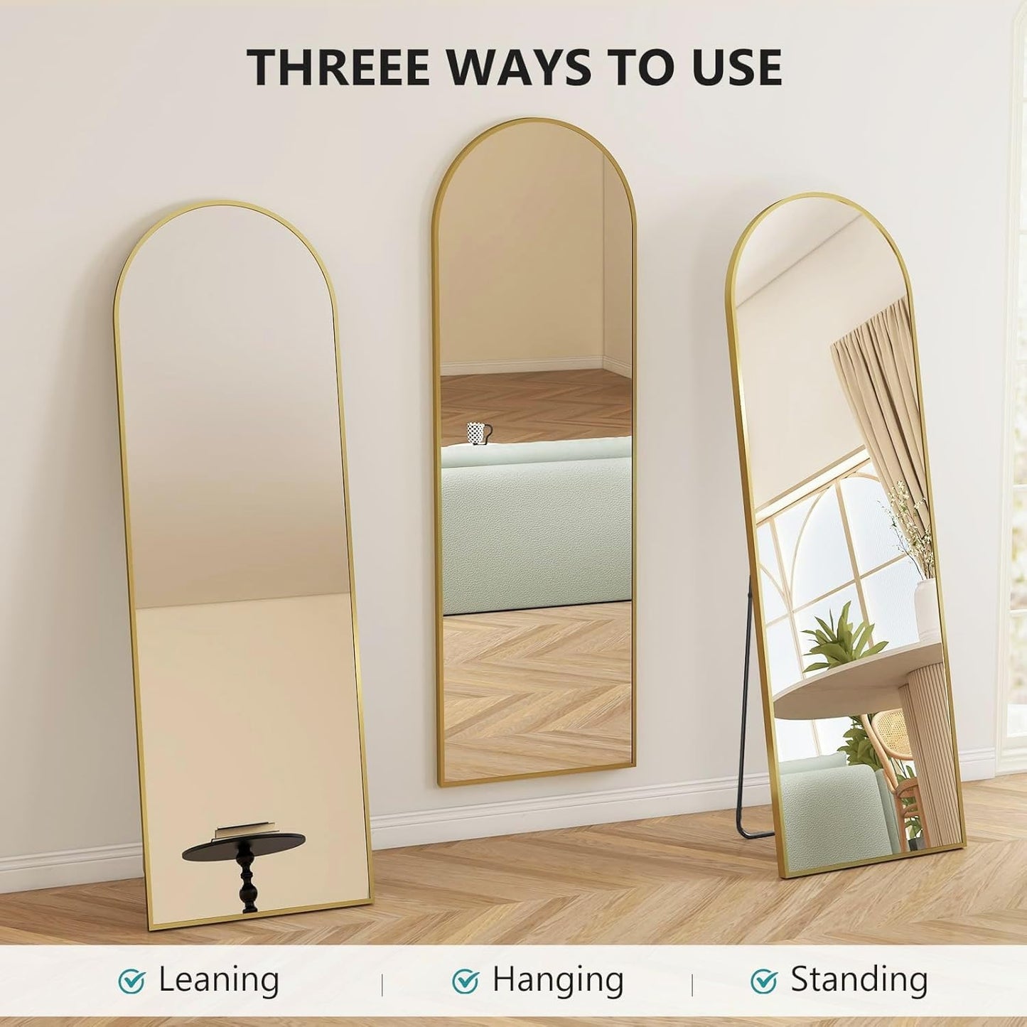 SKY-TOUCH Arched Full Length Mirror 151x42cm, Floor Mirrors Free-Standing Leaning Large Bedroom Dressing Mirror, Wall-Mounted Mirror for Living Room,Bedroom, Gold