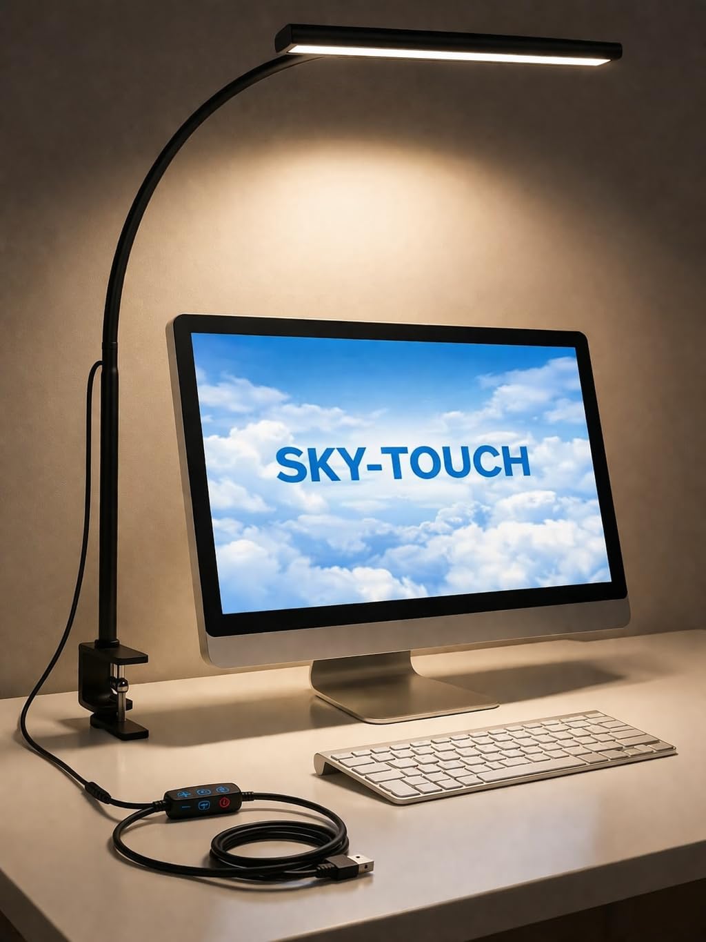 SKY-TOUCH LED Desk Lamp with Clamp, Clip on Light for Office Desk, Eye-Caring Task Lamp with 5 Colour Temperatures and 5 Brightness Levels, for Study, Craft, Bedside, Black