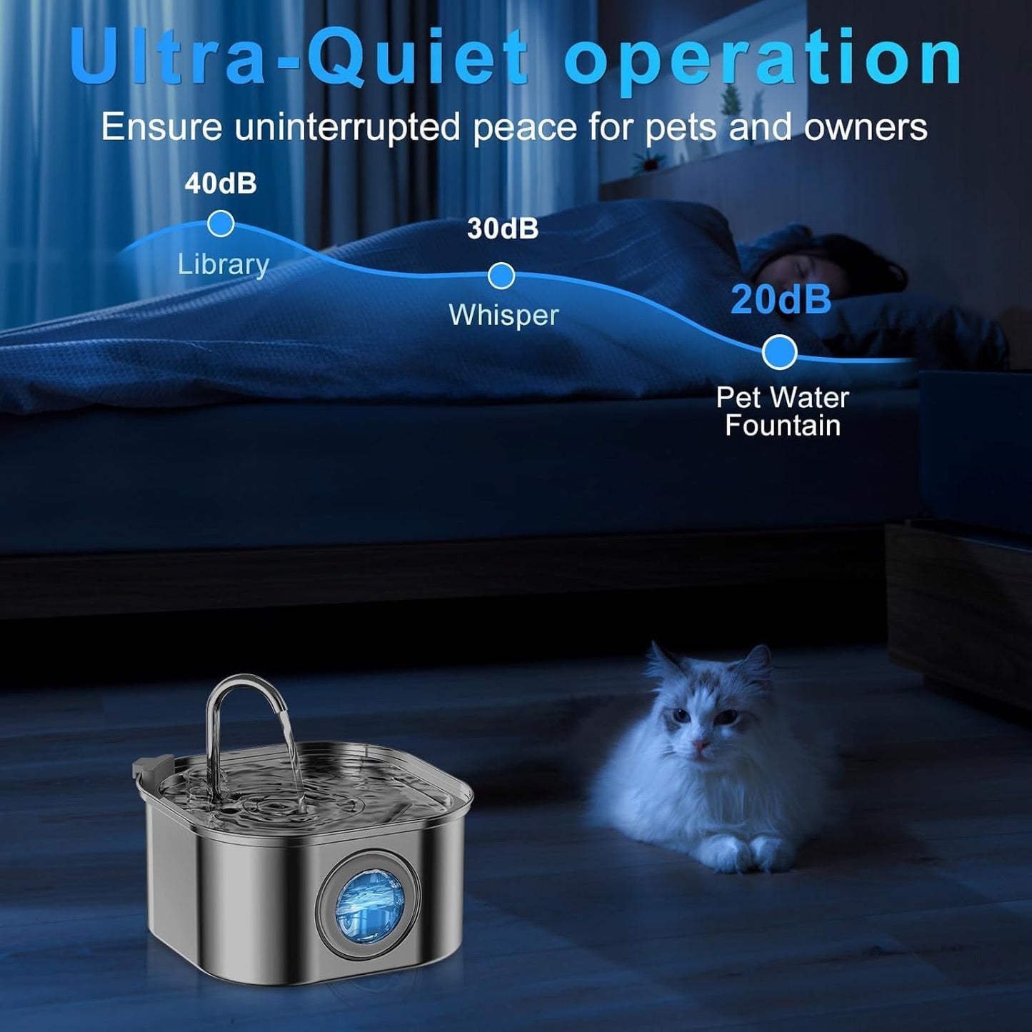 SKY-TOUCH Cat Water Fountain, 2.2L Stainless Steel Pet Fountain with Super Quiet Pump, Indoor Automatic Water Dispenser for Cats, Dogs & Multiple Pets, 18x18x12cm