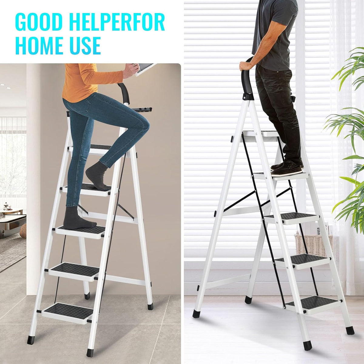 SKY-TOUCH Foldable 5-Step Ladder, Folding Step Stool with Wide Anti-Slip Pedal, Sturdy Steel Ladder for Home, Kitchen, Garden, Office - 7