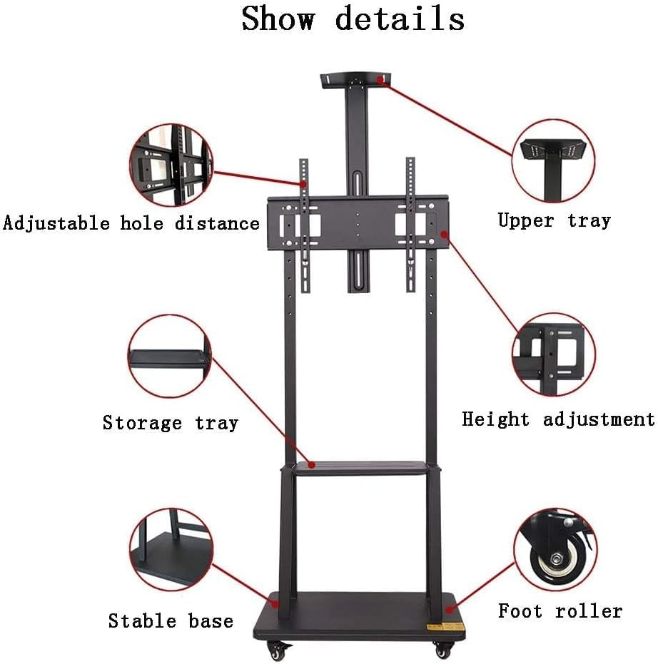 SKY-TOUCH Mobile TV Stand Cart,Rolling TV Stand,32”-70“ Floor TV Mount Stand,Height Adjustable with Lockable Casters,2 Tier AV Shelves for Large Flat Panel LED Screen,Max VESA 600 * 400mm - 7
