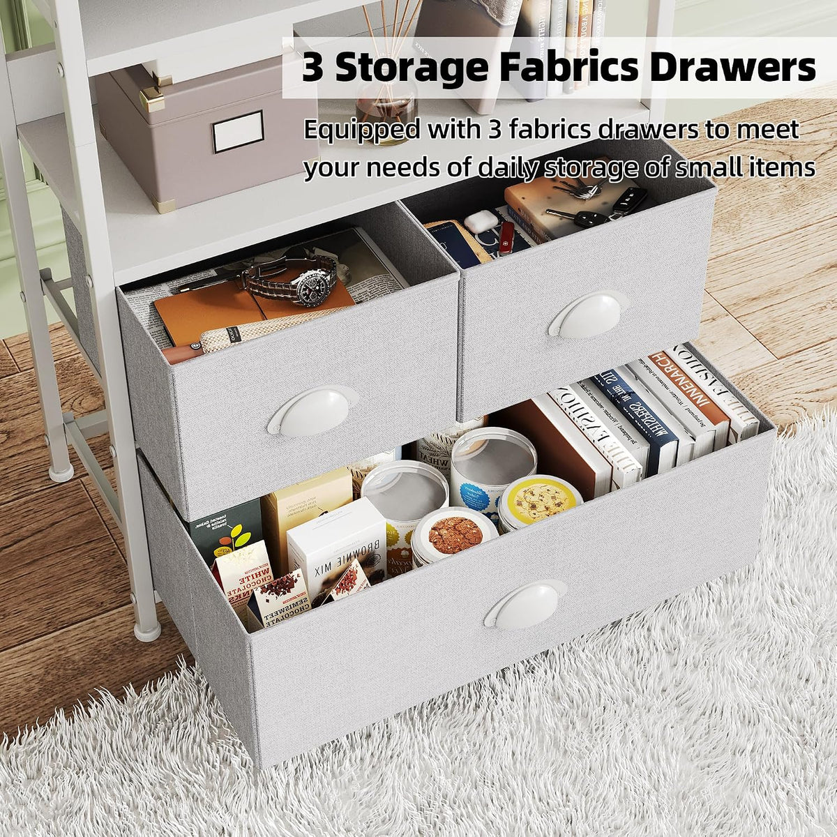 SKY-TOUCH Kitchen Storage and Organization Rack, 3 Fabric Drawers & 4 Tier Shelf Unit for Office, Home, Living Room, 22.9x11.6x56.7 inch - Grey - 7