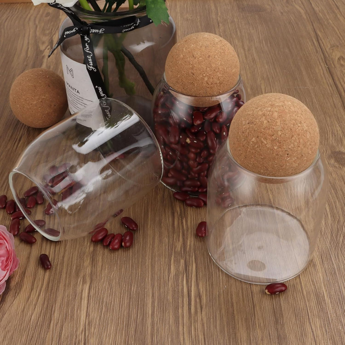 SKY-TOUCH 3-Pack 500ML Glass Storage Jars with Ball Cork Lid – Airtight Sealed Canister for Food, Spices, Coffee, Tea, and More – Decorative Glass Organizer with Wooden Lid - 8