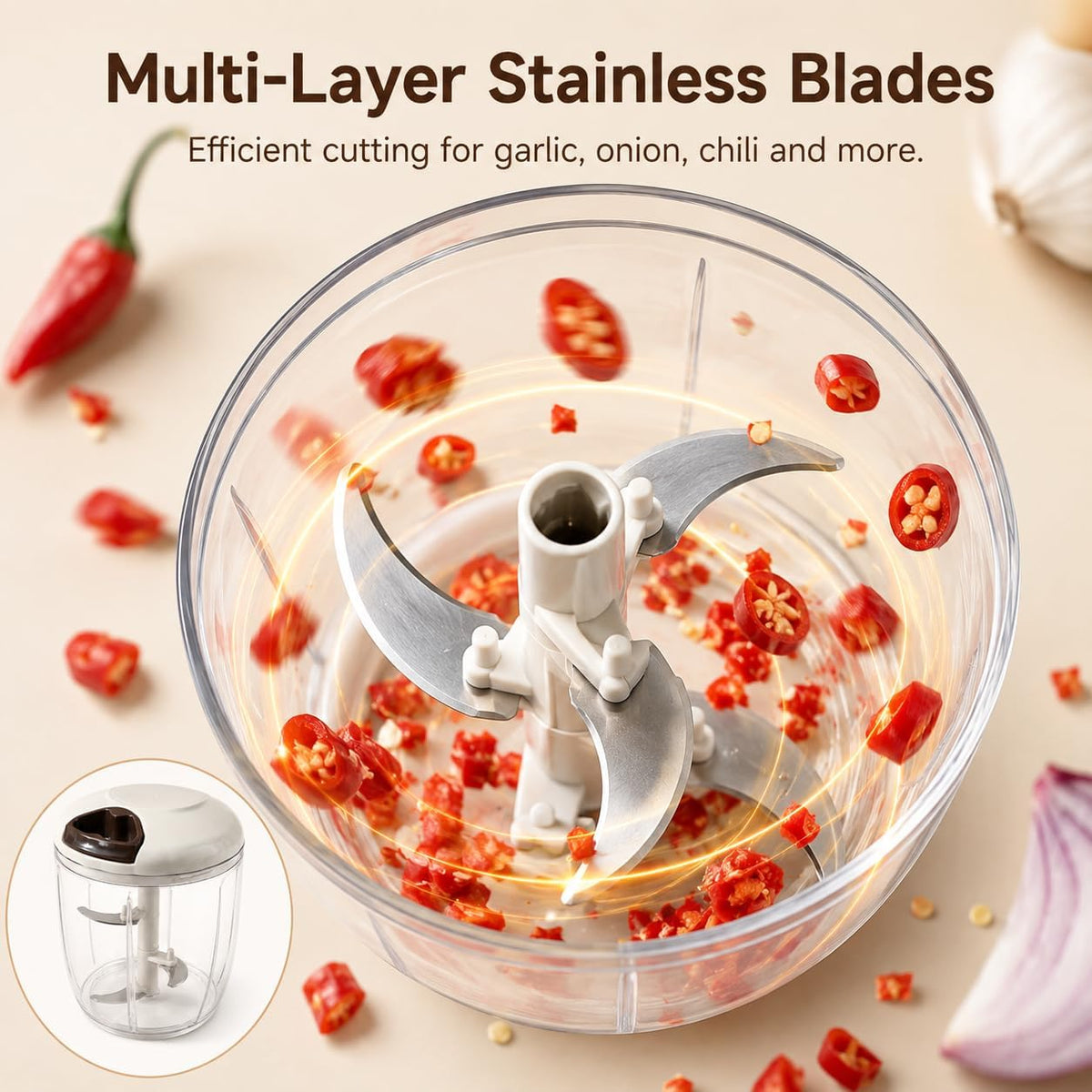 SKY-TOUCH Pull Chopper 900ml, BPA-Free Food Grade Manual Chopper with 5 Sharp 420 Stainless Steel Blades, Hand Pull Garlic Vegetable & Meat Mincer, Easy Clean Kitchen Tool - 7