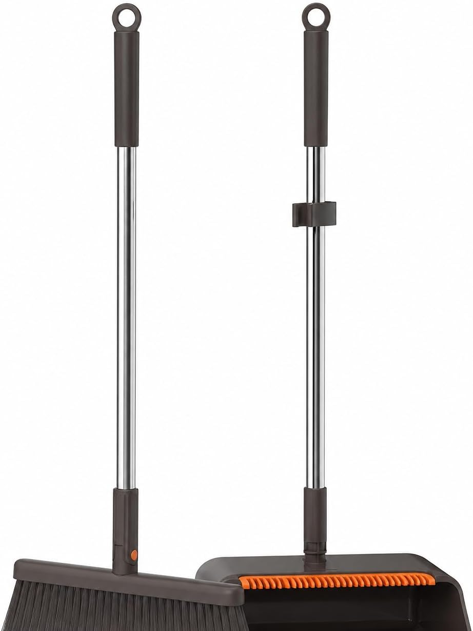SKY-TOUCH Coffee Brown Broom and Dustpan Set with Long Handle, Upright Standing Dustpan with Built-in Comb Teeth, Indoor Sweeping Cleaning Set for Kitchen, Home, Office and Pet Hair - 7
