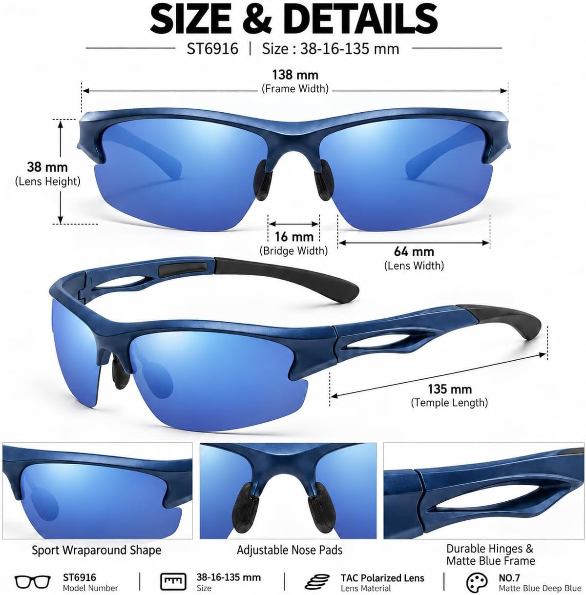 SKY-TOUCH Polarized Sports Sunglasses for Men and Women, TAC Lens Lightweight Wraparound Outdoor Sunglasses for Cycling, Running, Driving, Fishing and Hiking, Blue - 6