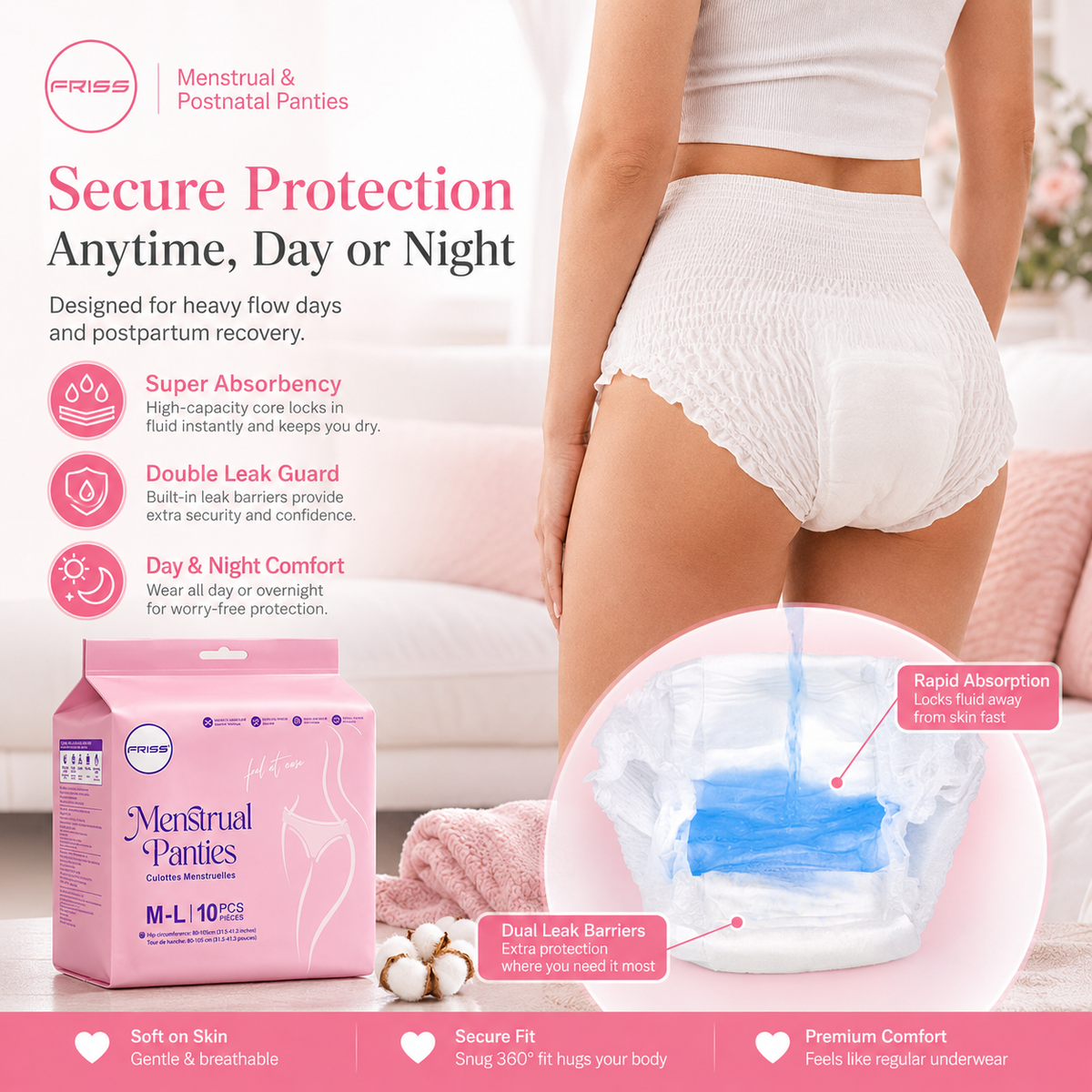 SKY-TOUCH 10PCS Night Period Panty for Women M-L,Ultra Absorbent Disposable Overnight Panties, 360° Leak Proof Period Panties Breathable Comfortable, Suitable Weight 40–64 kg