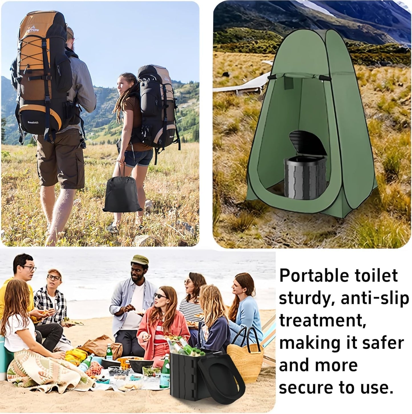 Sky-Touch Foldable Camping Toilet, Portable Travel Commode for Adults, Comes with Paper Holder, Garbage Bag and Curing Agent, Hiking, Road Trips, Beach, Emergency Use