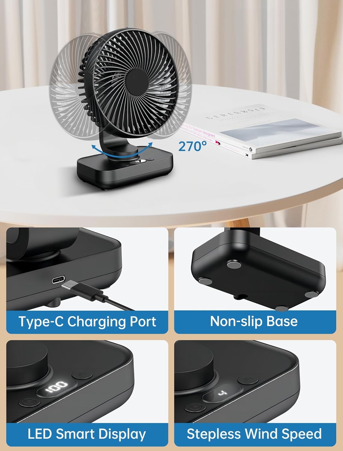 SKY-TOUCH Desk Fan, Portable Table Fan with 4 Adjustable Speed Control, Adjustable Angle and Wind Direction, Rechargeable 4000 mAh for Desk, Office & Travel, Black, 13.8 * 7.5 * 18.3 cm