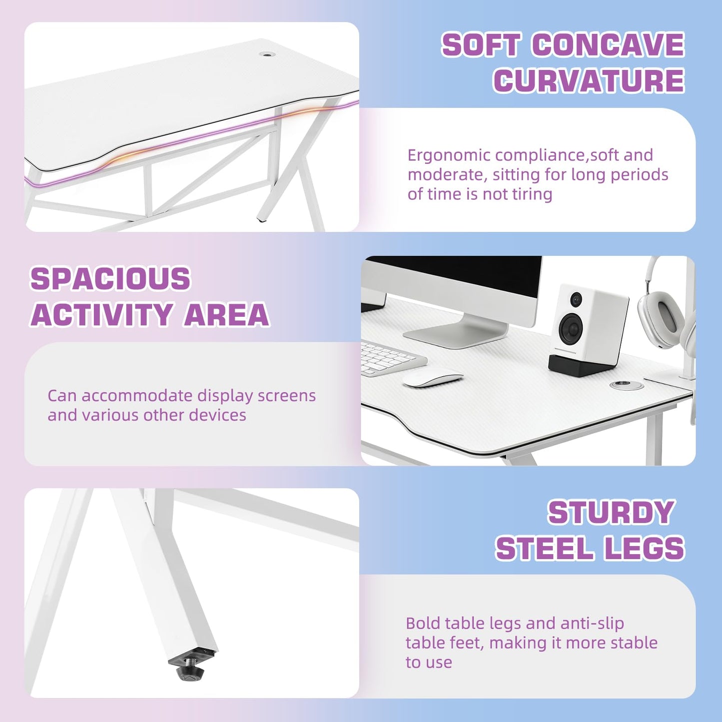 SKY-TOUCH 120x60cm Gaming Computer Desk, Home Office Computer Desk, Minimalist style Gamer Desk with Carbon Fiber Desktop K-Shaped Ergonomic Computer Desk for Home Office,White