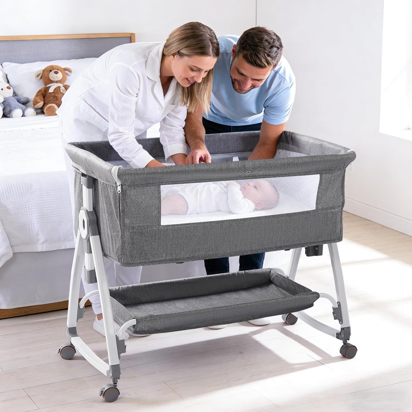 SKY-TOUCH Baby Bedside Crib Adjustable, Baby Cradle with Large Storage Basket, Travel Crib with Mattress Breathable Net,Mosquito Detachable, Soft s 360°Swivel Wheels, for Infants Newborn, Grey