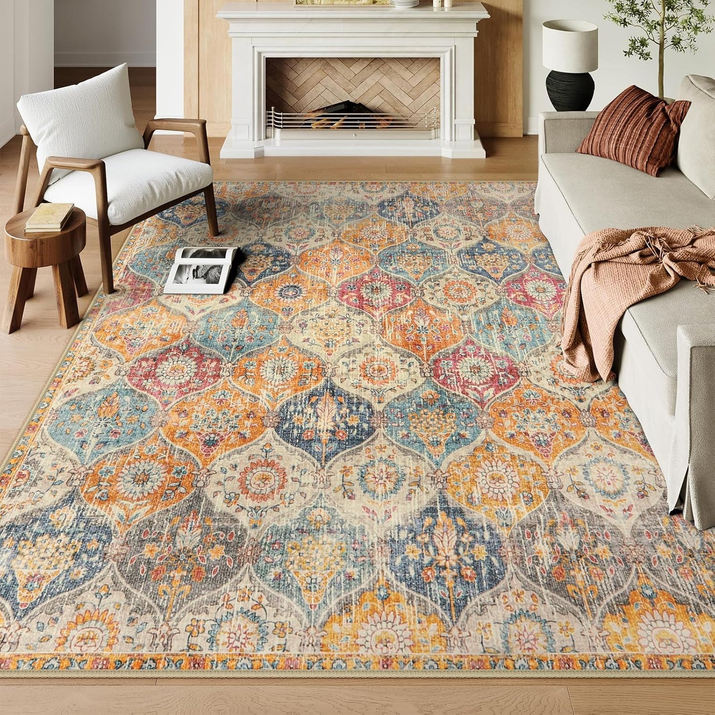 SKY-TOUCH Moroccan Retro Washable Area Rug, 100x160cm Soft Rug for Bedroom Kitchen Office Entryway Bathroom, Non-Slip Oriental Accent Throw Carpet,Cream/Multi Color
