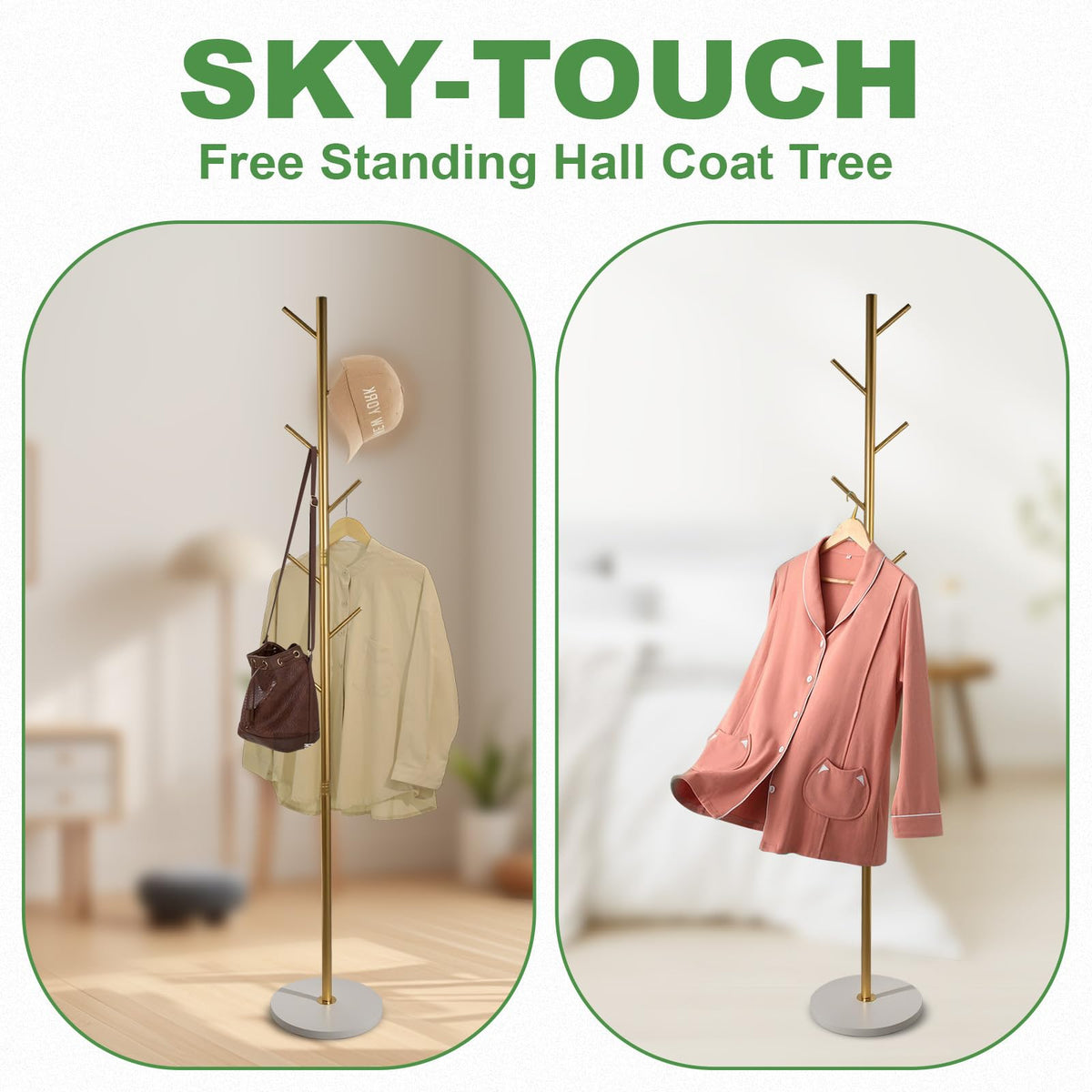 SKY-TOUCH Free Standing Hall Coat Tree with 7 Hooks, Stand Tree Rack with Marble Round Base, Entryway Coat Stand for Purses, Clothes, Scarves, for Hallway, Bedroom, Living Room, Golden-170*30*30cm