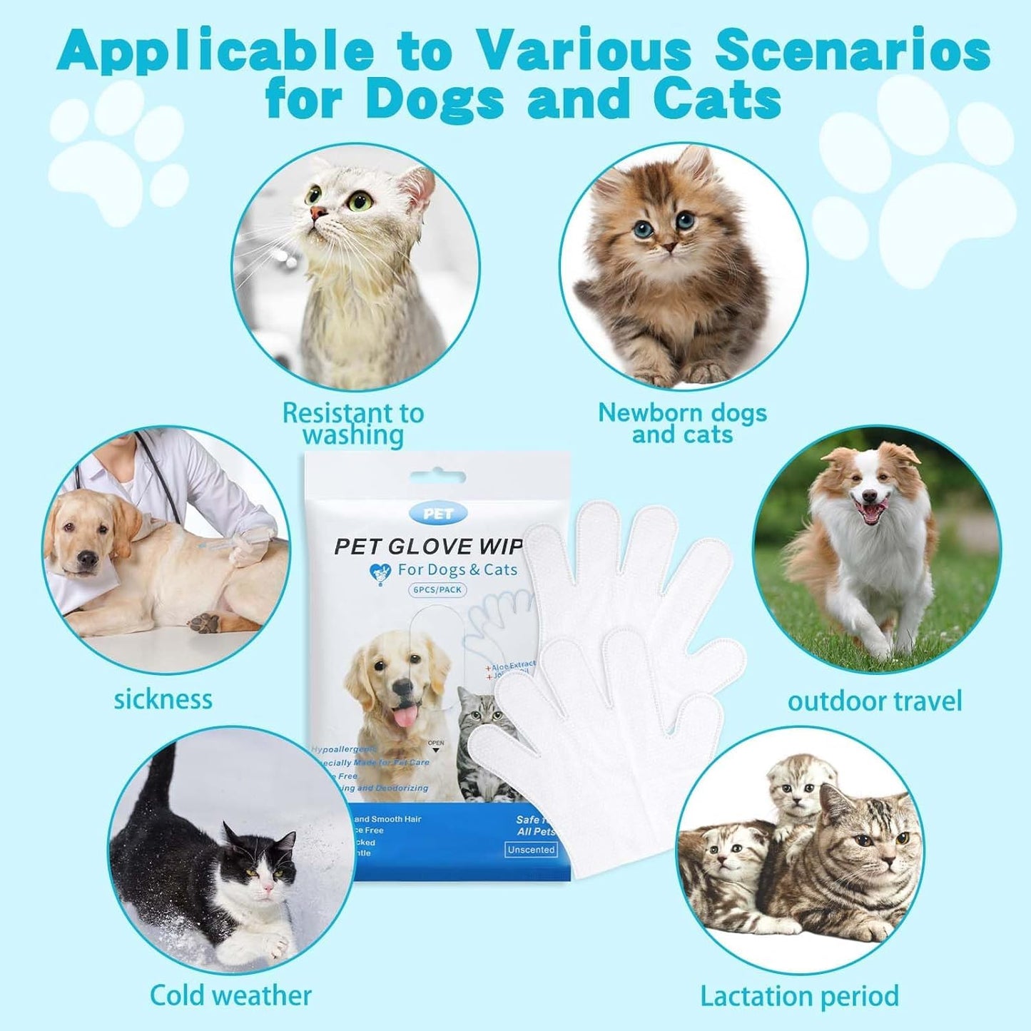 SKY-TOUCH 6Pcs Extra Thick Pet Washing Glove Wipe, Rinse-Free Cleaning & Deodorizing Bathing Mitts, Hypoallergenic Grooming Gloves, Moisturizing & Odor Control for Cat & Dog Daily Care and Travel