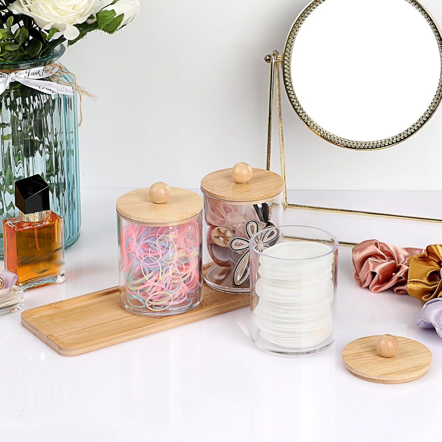 SKY-TOUCH 3-Pack Bathroom Jars Qtip Jars with Bamboo Lids, Acrylic Clear Apothecary Canisters for Cotton Balls, Q-tips, Floss, and Swabs – Includes Tray for Organized Bathroom Accessories