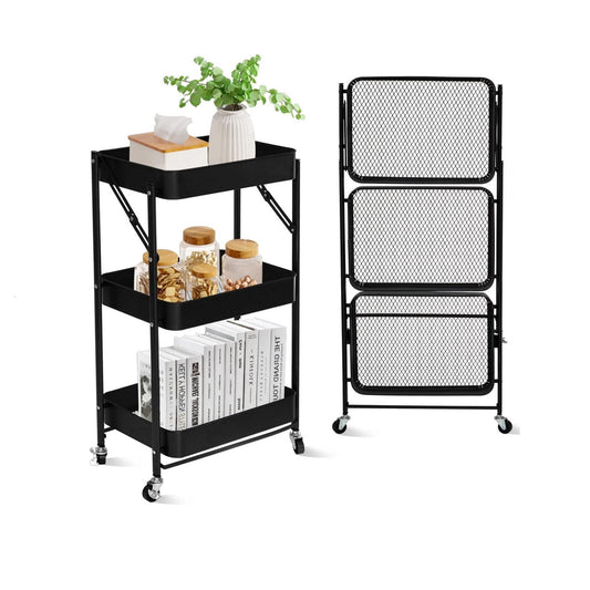 SKY-TOUCH 3 Tier Foldable Metal Rolling Utility Cart Organizer, 46x30x76cm Multipurpose Organizer Trolley with Casters for Kitchen, Bedroom, Bathroom, Office, Laundry Room and Garage