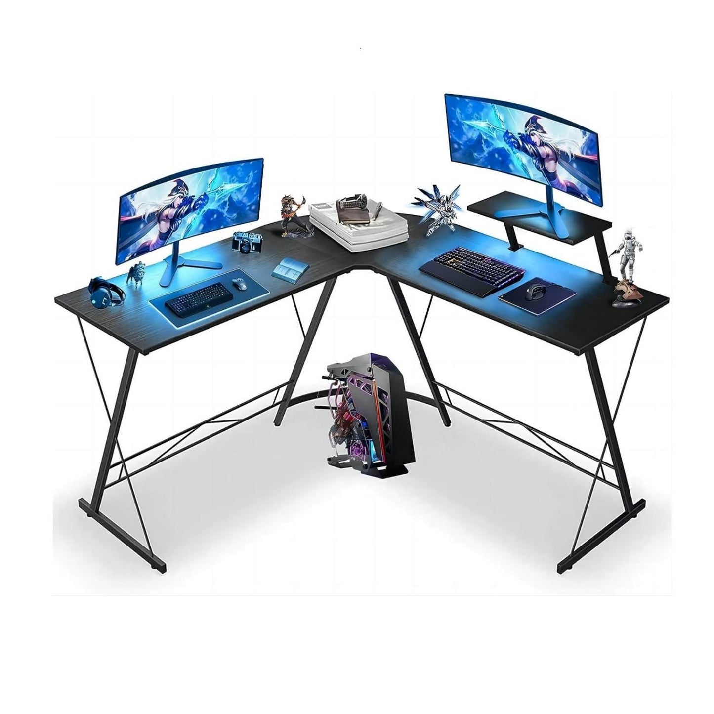 SKY-TOUCH L-Shaped Gaming Desk - 50.8x18.1x28inch" Home Office Corner Desk with Shelf, Large Monitor Stand, Sturdy Writing Workstation, Round Edge