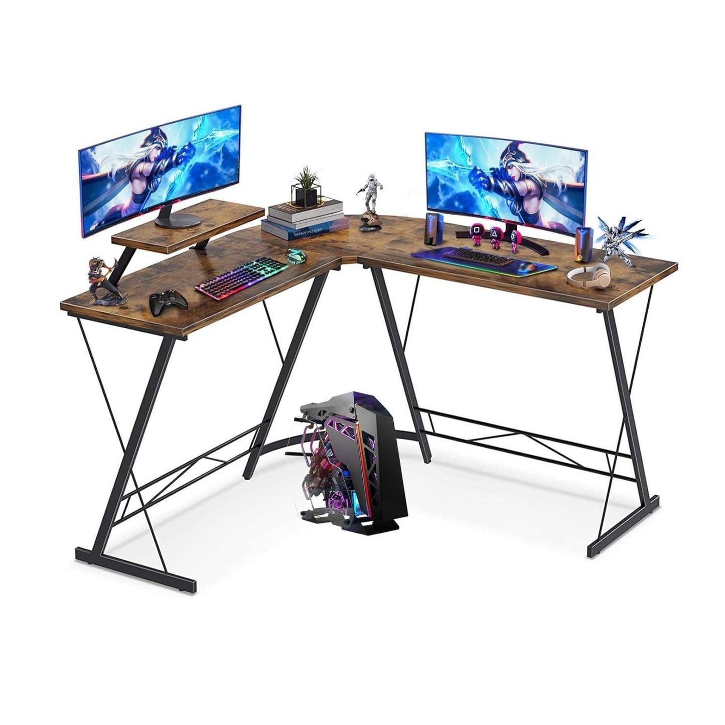 SKY-TOUCH L-Shaped Gaming Desk - 50.8x18.1x28inch" Home Office Corner Desk with Shelf, Large Monitor Stand, Sturdy Writing Workstation, Round Edge