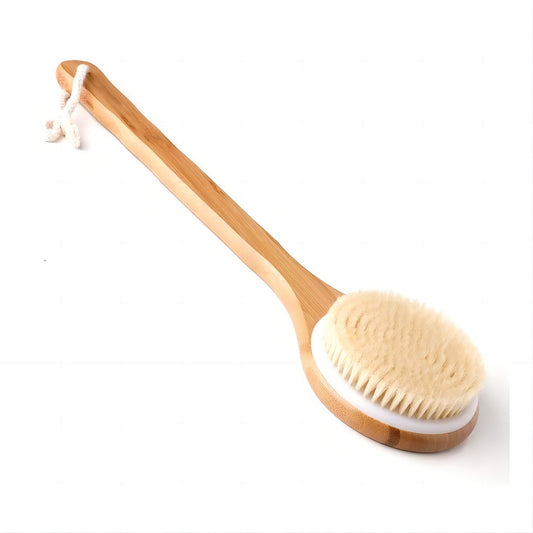 Bath Brush Long Handle, Shower Brush Soft Body Brush Back SPA Clean Natural Bristles Exfoliating Brush Long Wooden Handle Brown