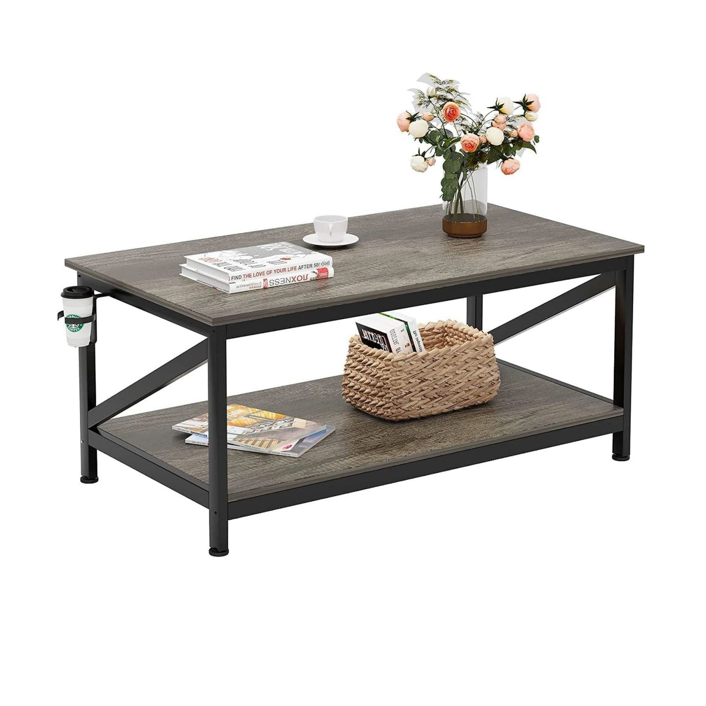 SKY-TOUCH Coffee Table with Storage Shelf,Modern Central Table with 2 Tier Shelves,Black Metal Table Legs, Wooden Tabletop and Metal Frame,Industrial Wooden Coffee Table,100 * 55cm