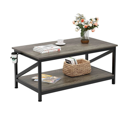 SKY-TOUCH Coffee Table with Storage Shelf,Modern Central Table with 2 Tier Shelves,Black Metal Table Legs, Wooden Tabletop and Metal Frame,Industrial Wooden Coffee Table,100 * 55cm