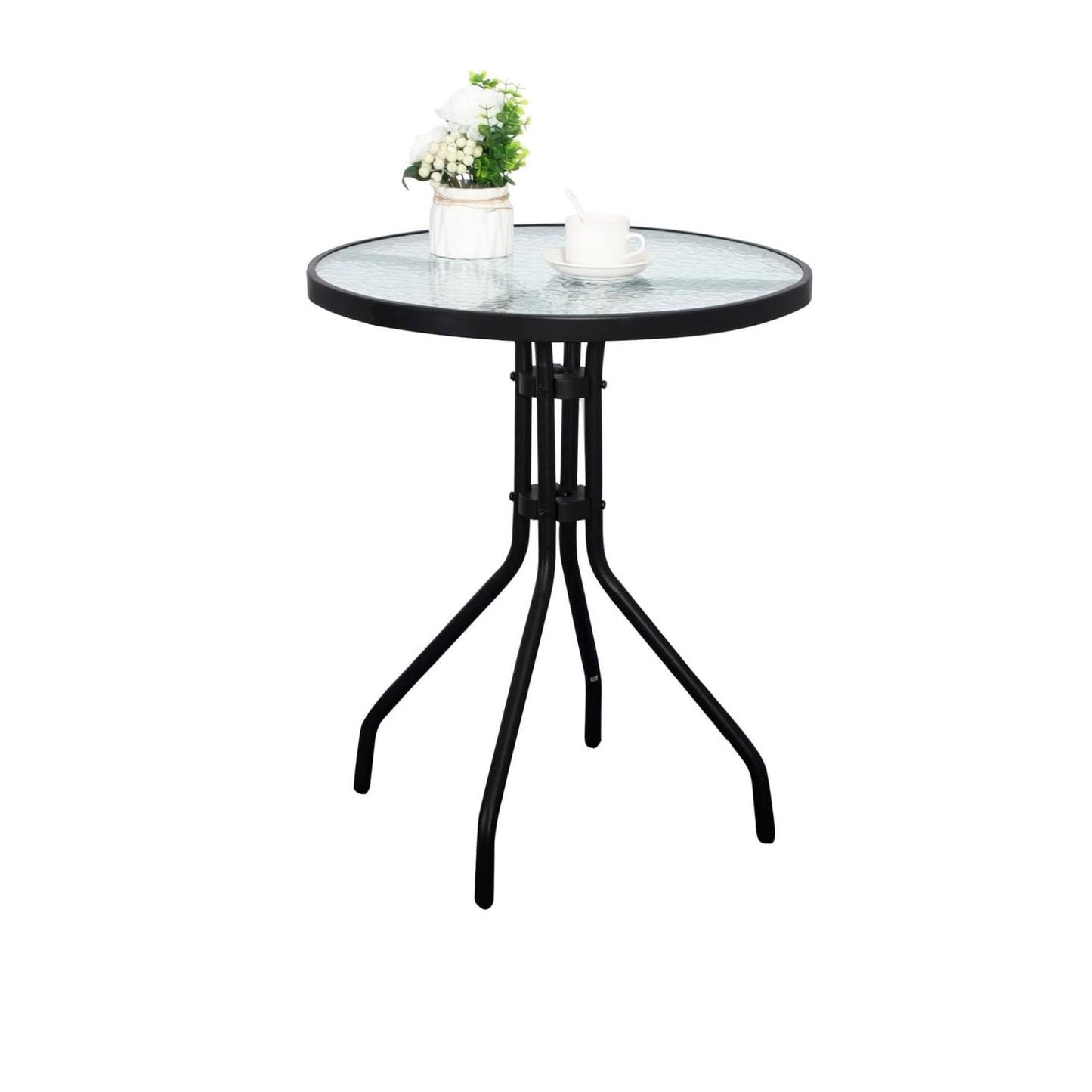 SKY-TOUCH Round Glass Table : Outdoor Patio Table with Waterwave Tempered Glass Outdoor Coffee Table with Metal Frame for Home Patio Backyard Yard Balcony Lawn (60 * 70cm Black)