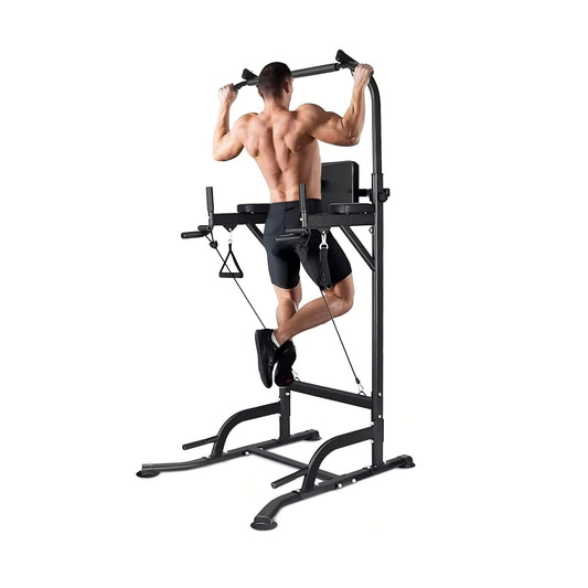 Power Tower Pull Up Bar : Strength Training Fitness Workout Station with Resistance Bands Multi-Function Adjustable Height Dip Station for Home Gym (Black, 300KG)