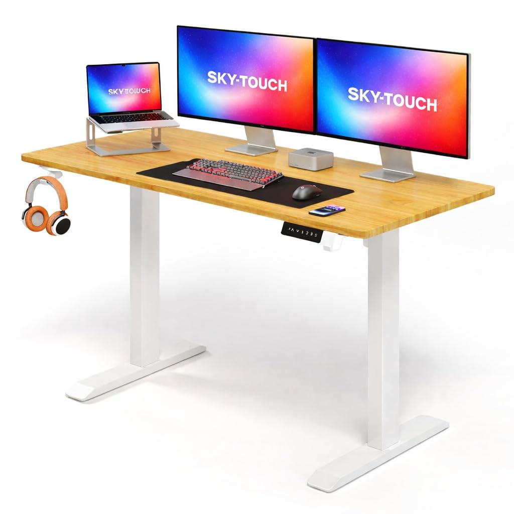 SKY-TOUCH Standing Desk Height Adjustable Desk, Electric Lifting Table, Motion Desk with Smart Control Panel & 2 Memory Presets, 2-Piece Wood Desktop Workstation for Home Office - 120×60cm
