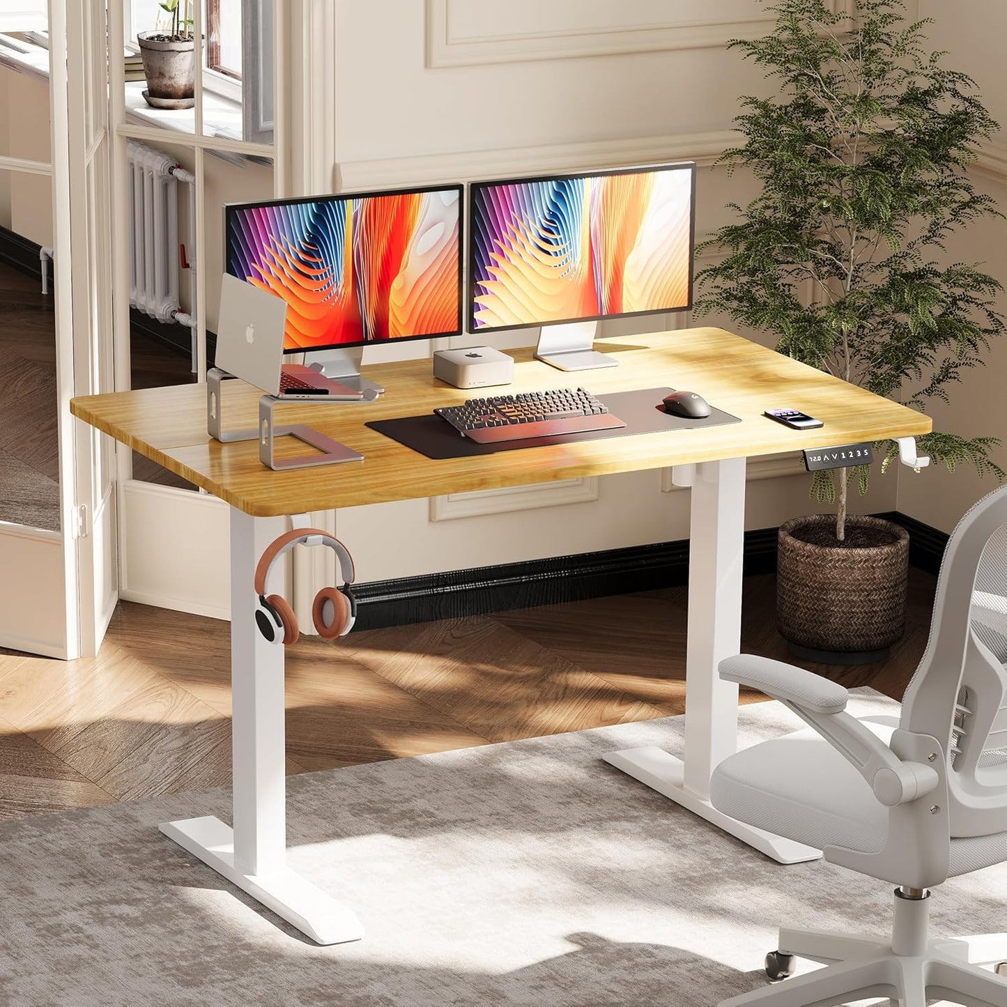 SKY-TOUCH Standing Desk Height Adjustable Desk, Electric Lifting Table, Motion Desk with Smart Control Panel & 2 Memory Presets, 2-Piece Wood Desktop Workstation for Home Office - 120×60cm