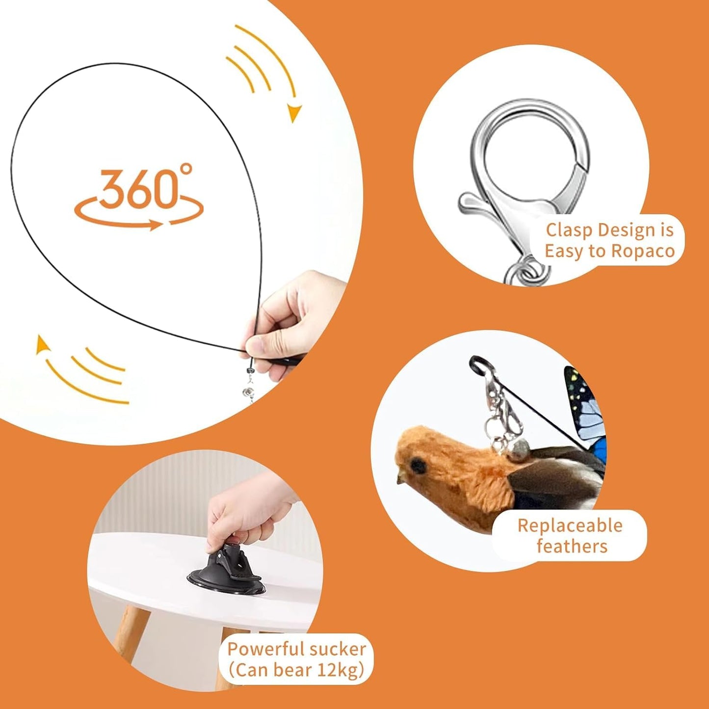 SKY-TOUCH 9in1 Interactive Automatic Cat Teaser Wand Toy with Strong Suction Cup, Cat Feather Toys with 8 PCS Feather Replacements - with Bell,Interactive Kitten Sticks for Indoor Cats