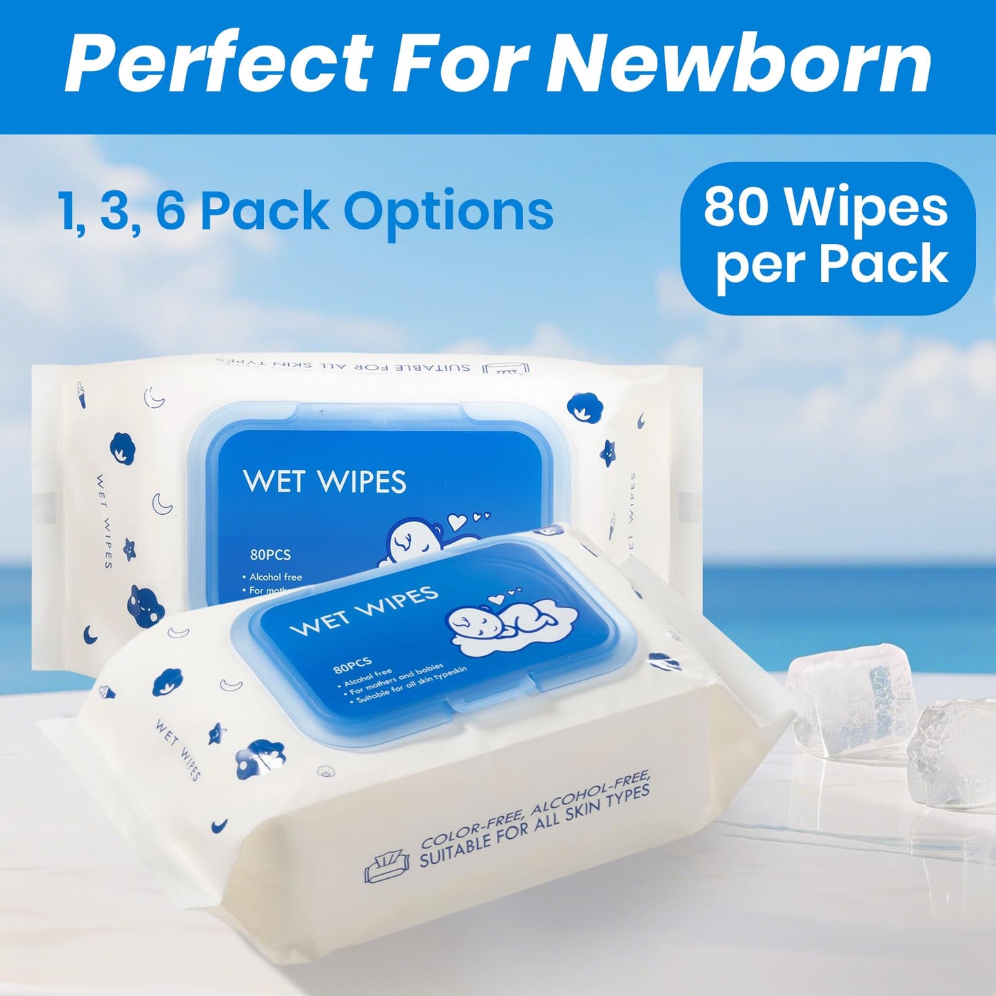SKY-TOUCH Pure Baby Wipes, 99% Pure Water Wipes, Hypoallergenic, Alcohol & Fragrance Free, Ultra Soft & Gentle for Sensitive & Delicate Skin, 1 Pouche X 80 Sheets, 80 Wipes, White