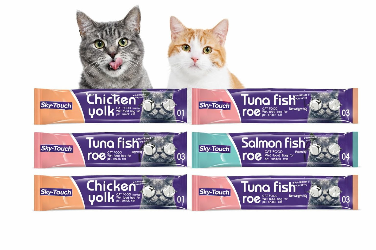 SKY-TOUCH 6Pcs Wet Cat Treats : Lickable Cat Food Wet Squeeze Up Interactive Snack Strips with 3 Flavors Tuna&Fish Roe, Chicken&Yolk, Salmon&Fish Roe, 16g Each (6Pack 96g)