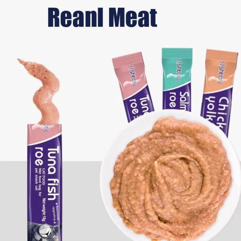 SKY-TOUCH 6Pcs Wet Cat Treats : Lickable Cat Food Wet Squeeze Up Interactive Snack Strips with 3 Flavors Tuna&Fish Roe, Chicken&Yolk, Salmon&Fish Roe, 16g Each (6Pack 96g)
