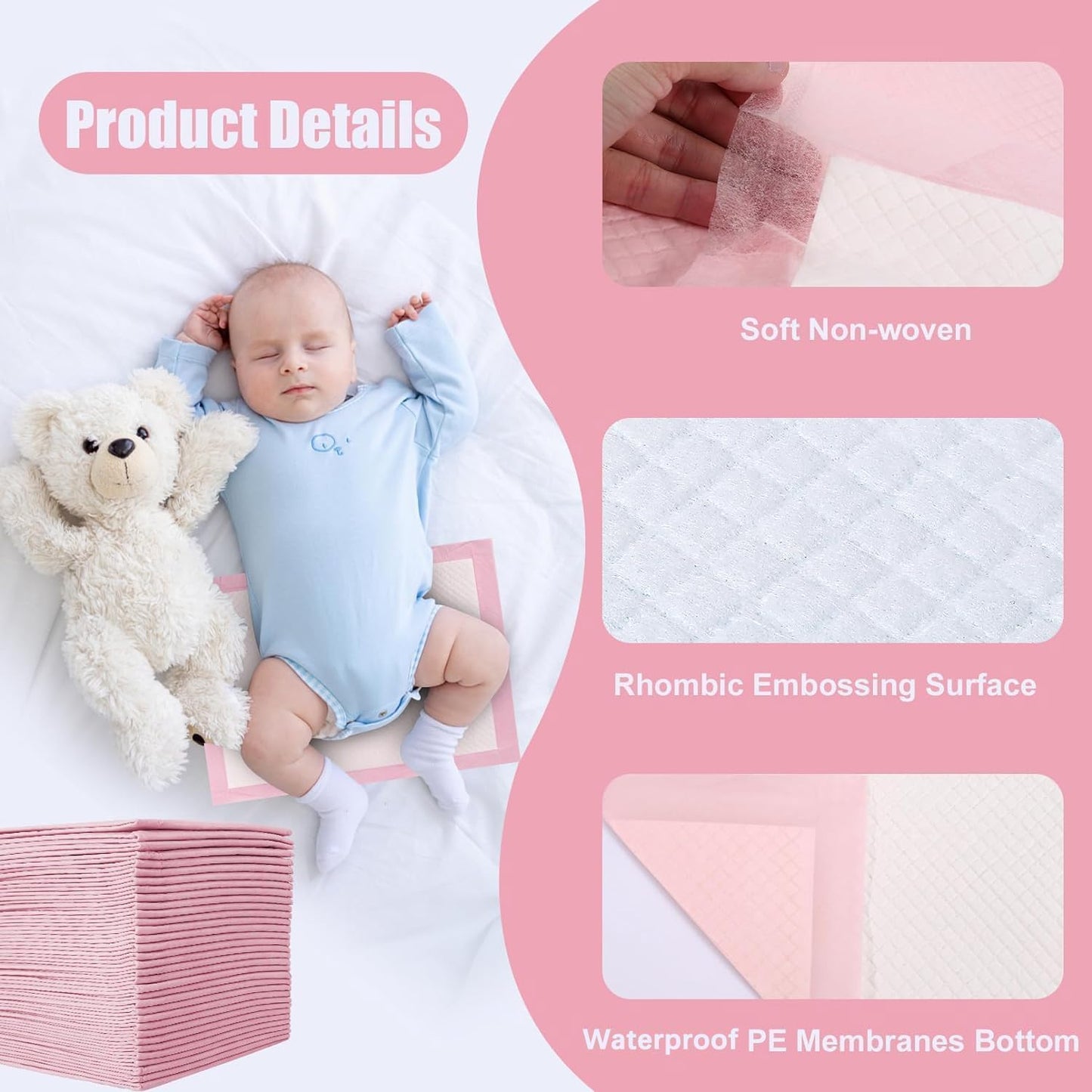 SKY-TOUCH  Baby Disposable Changing Mats,Waterproof Baby Changing Pads,  Highly Absorbent Leakproof Changing Pad Baby, Ultra soft Diaper Changing Mat Underpads for Baby Pink