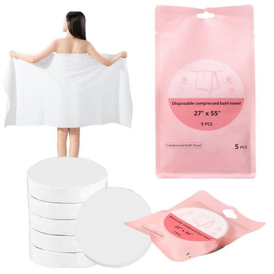 SKY-TOUCH 5Pcs Large Compressed Disposable Bath Towels, 70x140cm Portable Single-Use Towels, Soft and Absorbent Travel Towels for Camping, Hotel, Beach, Gym, and Outdoor Use(Pink)