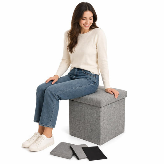 SKY-TOUCH Ottoman Seat Storage Stool, Folding Storage Ottoman Cube, Space-Saving Cube Footrest Seat for Bedroom, Hallway, Living Room,Light Grey,38 * 38 * 38cm(Capacity 150KG) 1 pack
