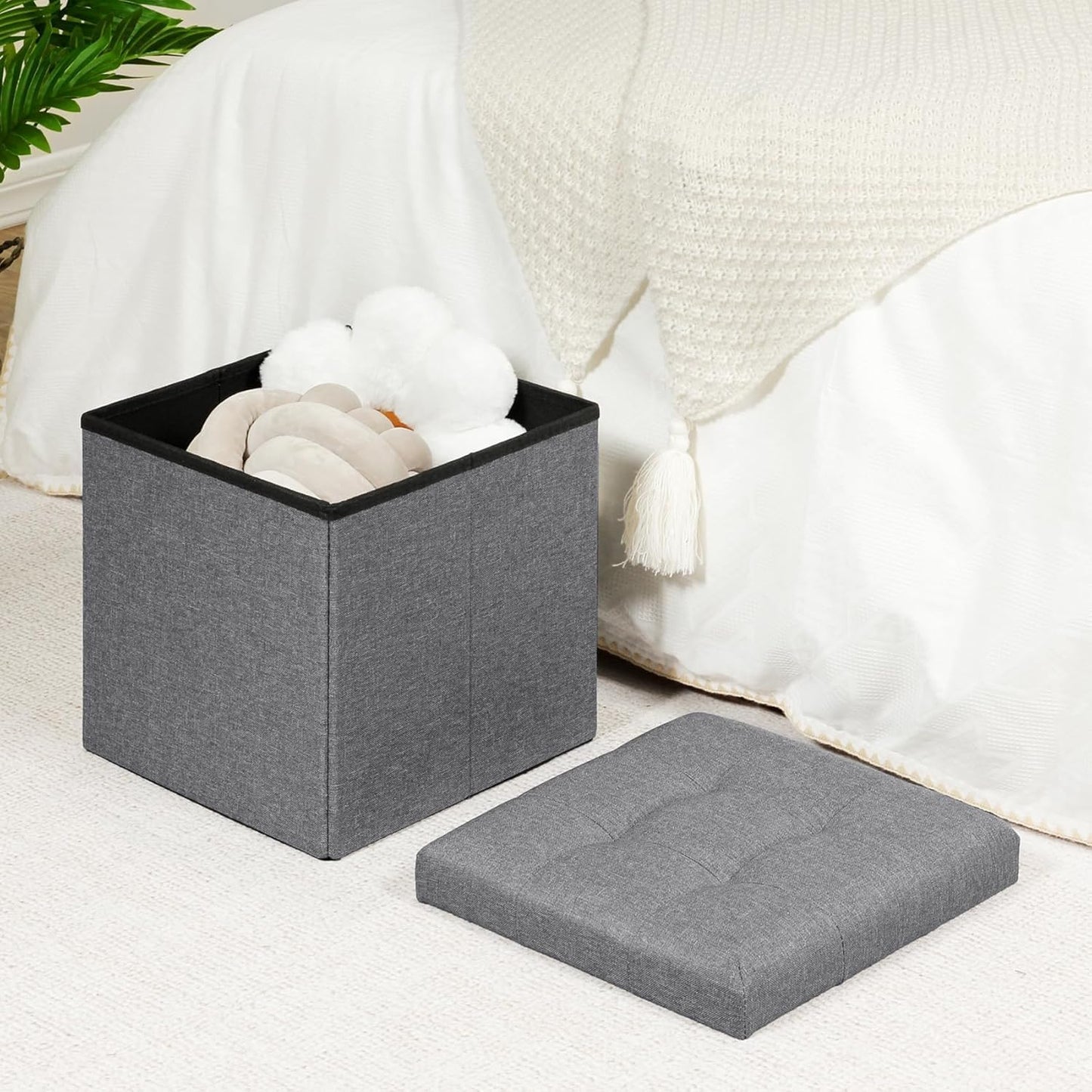 SKY-TOUCH Ottoman Seat Storage Stool, Folding Storage Ottoman Cube, Space-Saving Cube Footrest Seat for Bedroom, Hallway, Living Room,Light Grey,38 * 38 * 38cm(Capacity 150KG) 1 pack