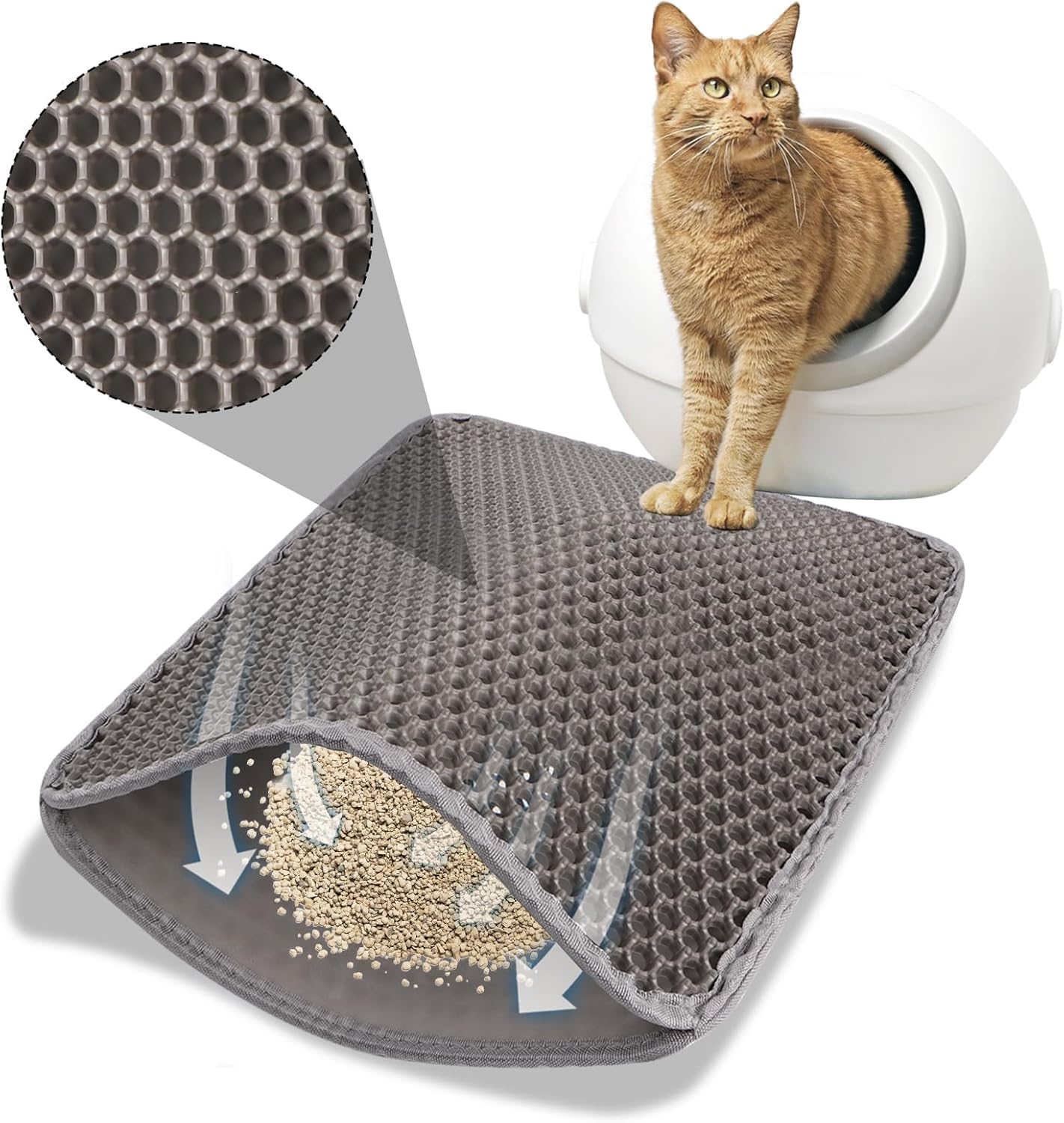 SKY-TOUCH Cat Litter Mat,Cat Litter Tray Mat, Honeycomb Double Layer Design, Urine and Waterproof Material, Washable,Easy to Clean, Keep Clean,60 * 40cm,Grey