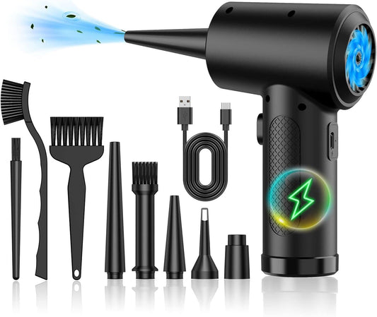 SKY-TOUCH Compressed air Duster,Air Duster,Keyboard Cleaner Air Blower,3-Speed Cordless Air Blower with LED Light,Car Interiors,Type-C Fast Charging & 5 Nozzle Attachments&3 brushes (Black)
