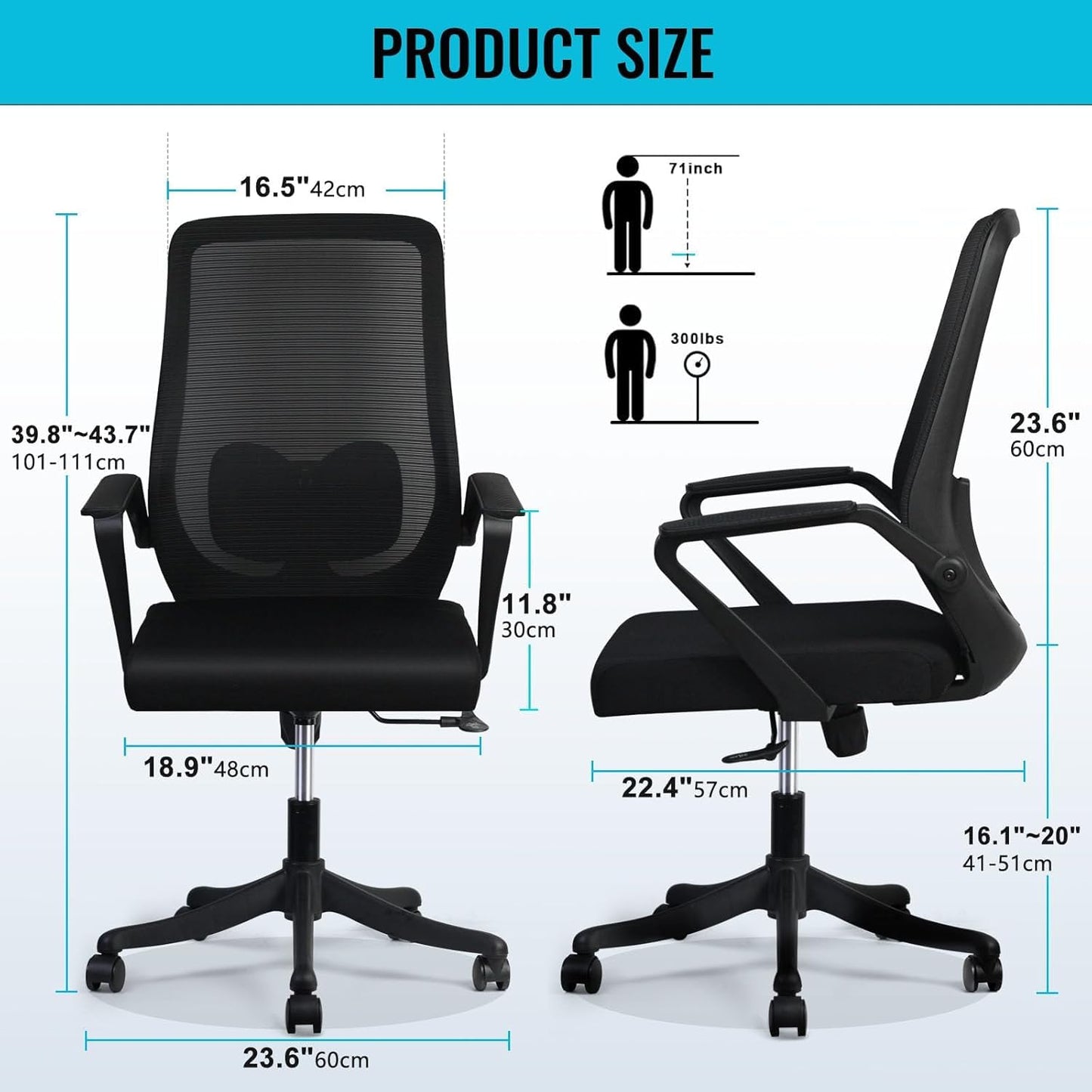 SKY-TOUCH Ergonomic Office Chair | Desk Chair | Computer Chair | Lumbar Support | Height Adjustable | Large Space Padded Seat Cushion｜with Tilt Back｜Mesh Breathable Backrest｜60 * 57 * 111cm,Black