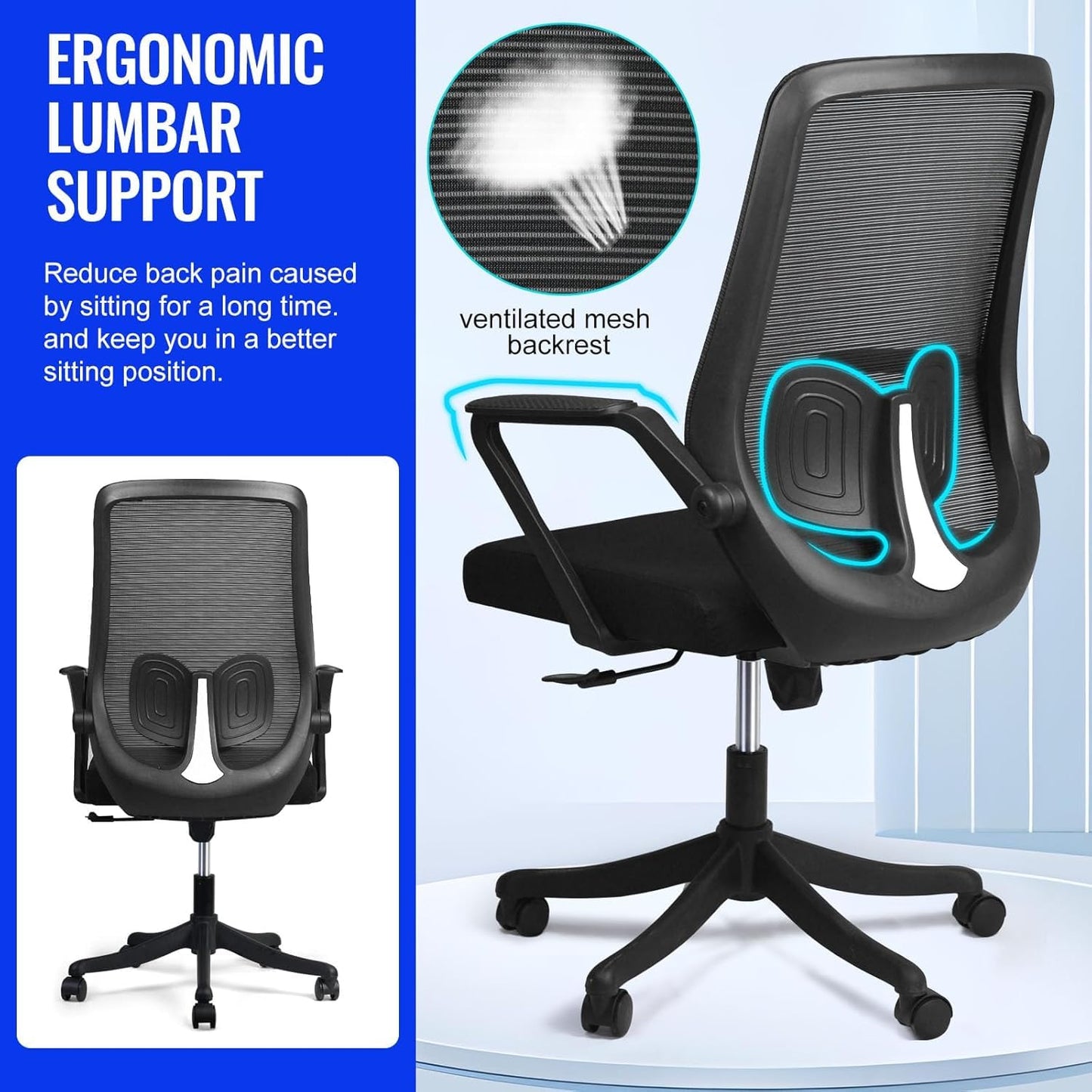 SKY-TOUCH Ergonomic Office Chair | Desk Chair | Computer Chair | Lumbar Support | Height Adjustable | Large Space Padded Seat Cushion｜with Tilt Back｜Mesh Breathable Backrest｜60 * 57 * 111cm,Black