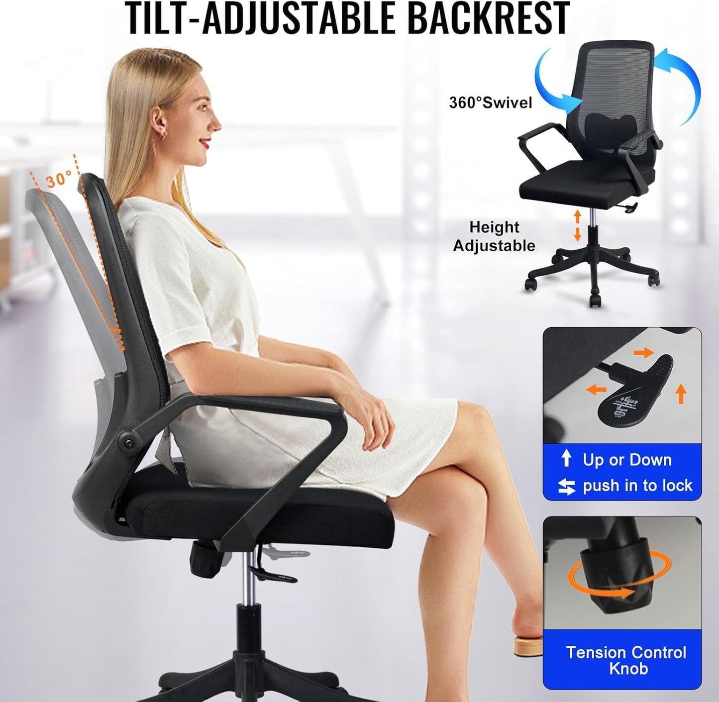 SKY-TOUCH Ergonomic Office Chair | Desk Chair | Computer Chair | Lumbar Support | Height Adjustable | Large Space Padded Seat Cushion｜with Tilt Back｜Mesh Breathable Backrest｜60 * 57 * 111cm,Black