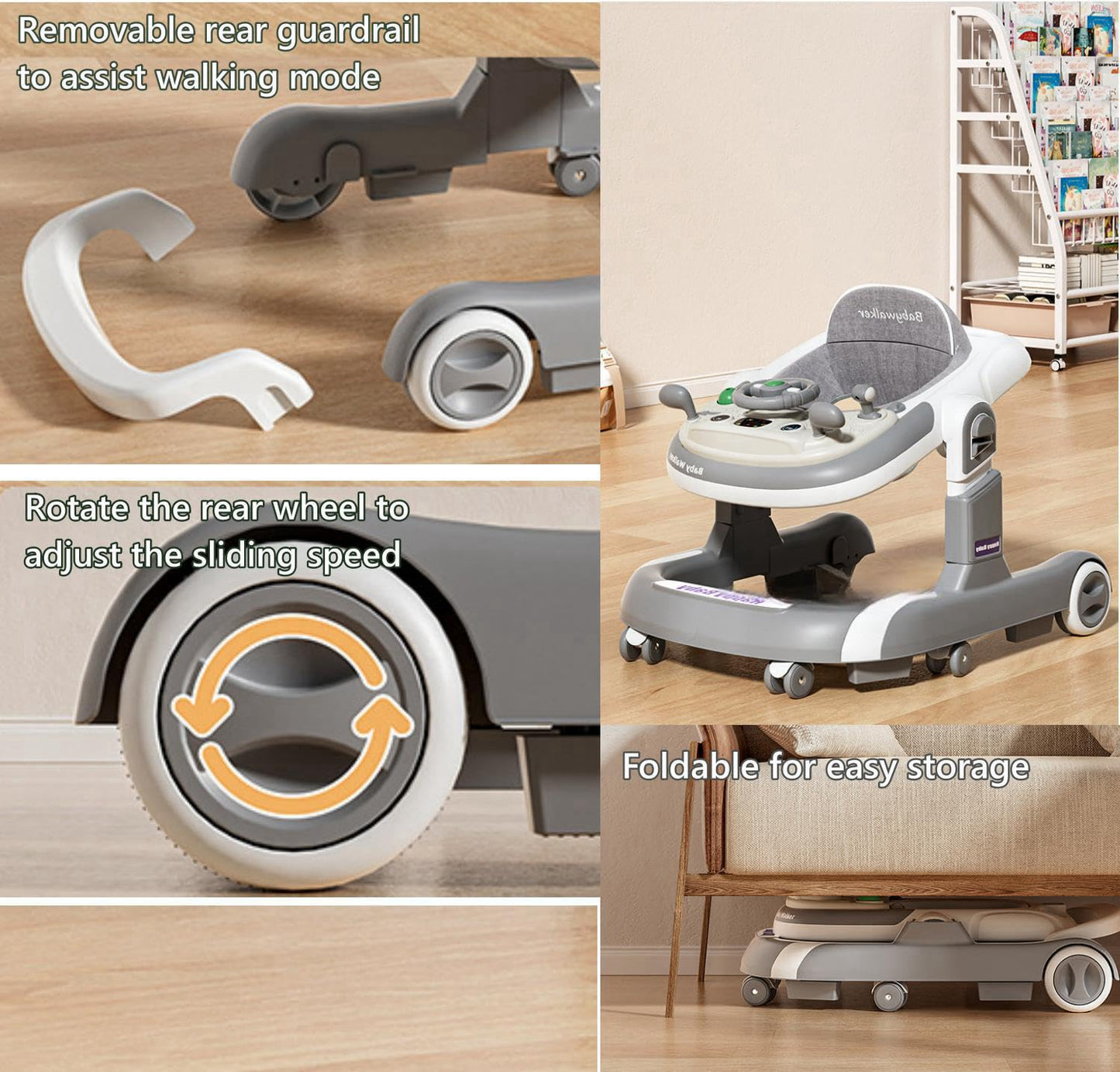 SKY-TOUCH 4-in-1 Foldable Baby Walkers with Wheels and Baby Activity Center Toys Tray with Music, 4-Gear Height Adjustable Infant Toddler Baby Walker, Baby Walker for Boys and Girls from 6-24 Months