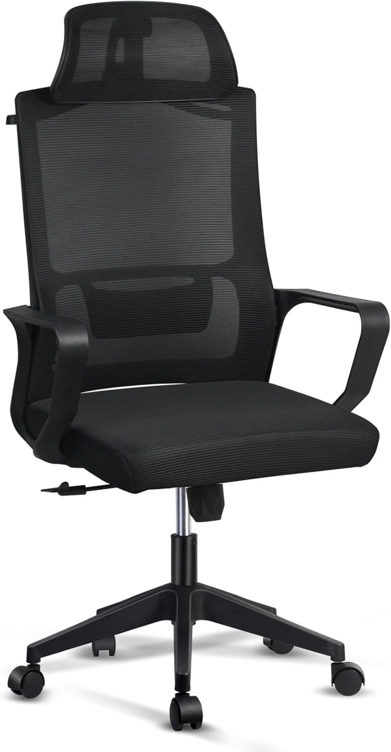 SKY-TOUCH Ergonomic Office Chair with Adjustable Headrest | Desk Chair | Lumbar Support | Large Space Padded Seat Cushion｜with Tilt Back｜Mesh Breathable Backrest｜60 * 60 * 131cm Black